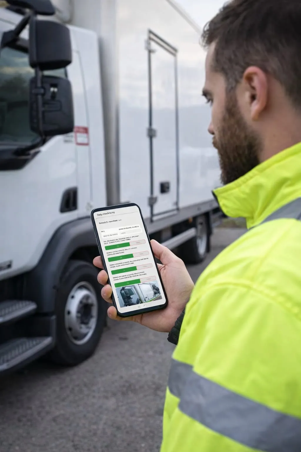 A driver in a hi-vis jacket completing a walkaround check on a smartphone beside a rigid truck