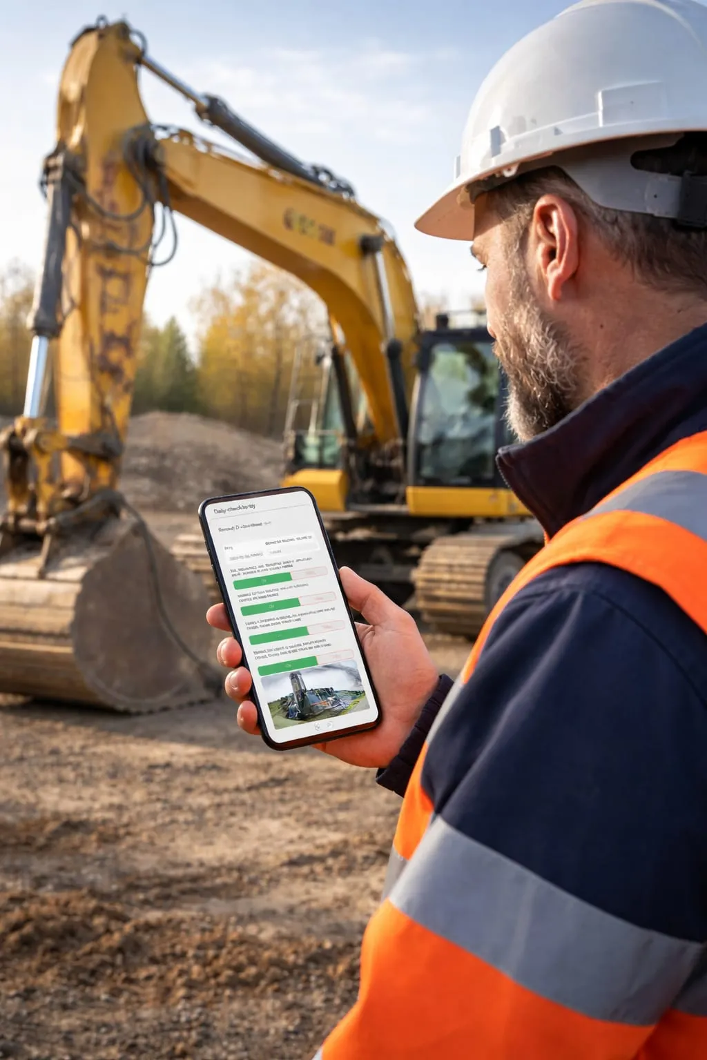 A worker in hi-vis and a hard hat inspecting an excavator at a construction site