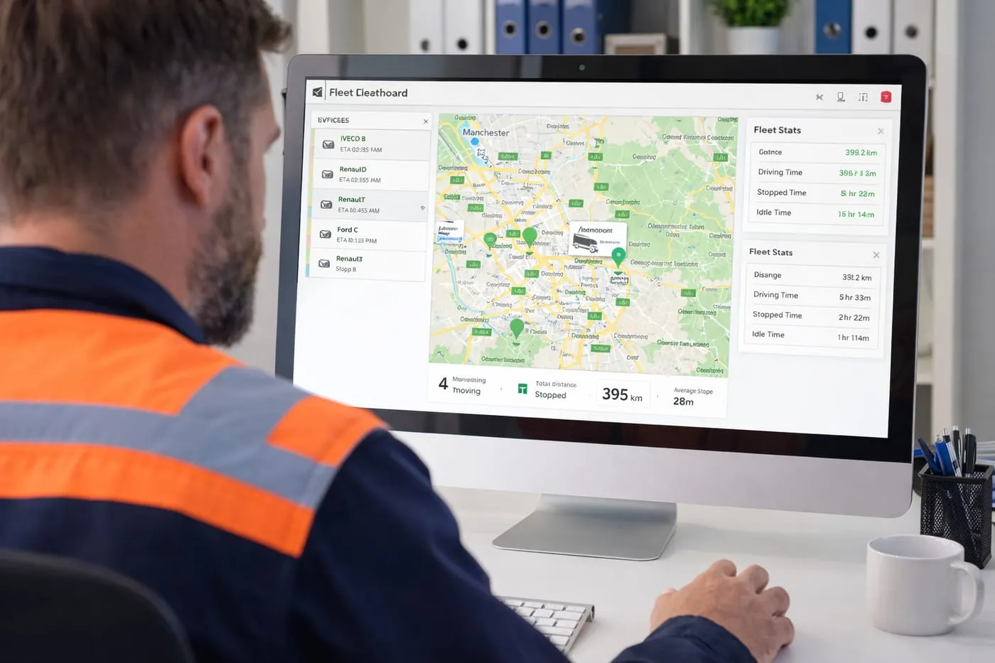 A fleet manager reviewing vehicle activity on a screen in an office