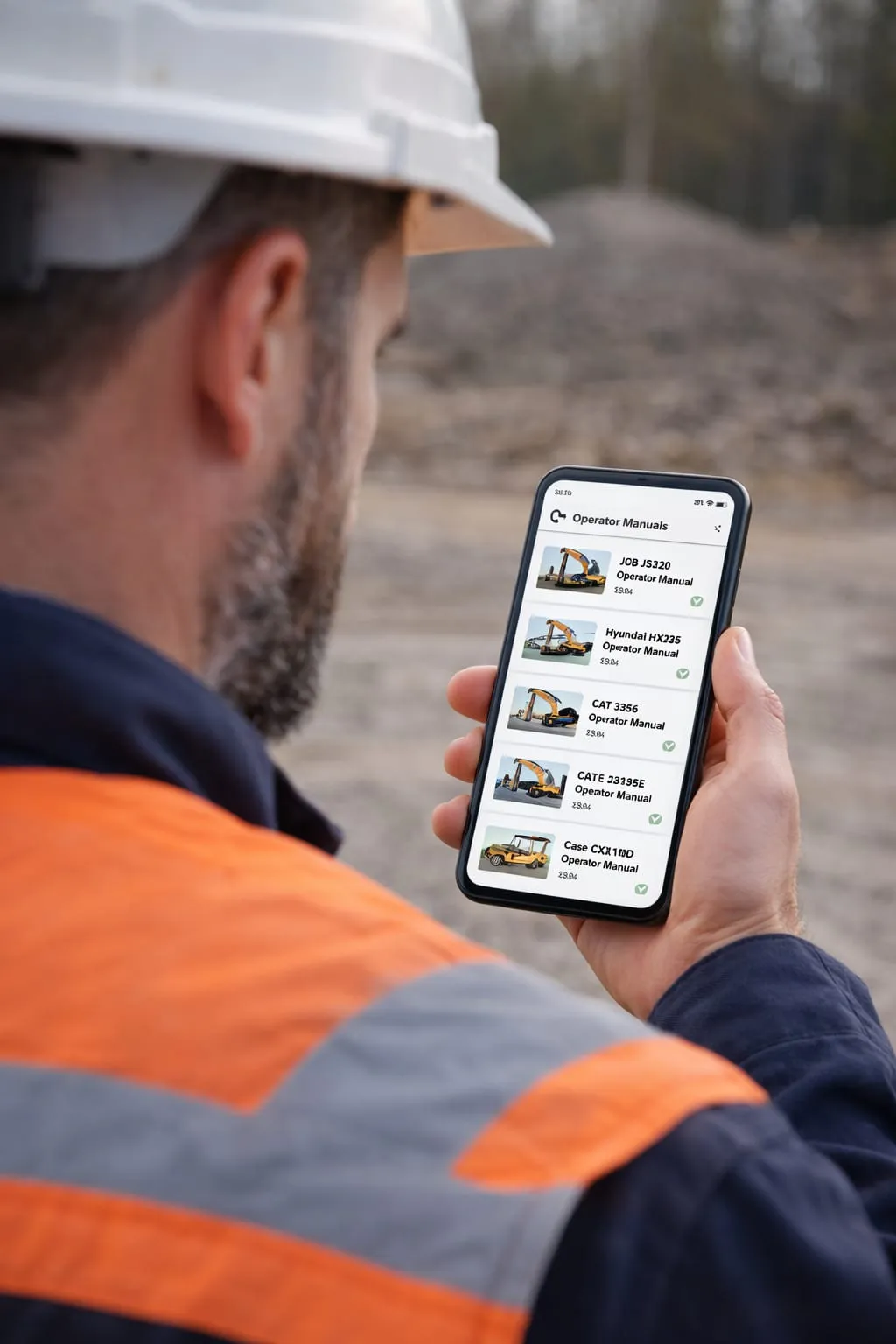Two workers on site consulting an operator manual on a mobile device beside machinery